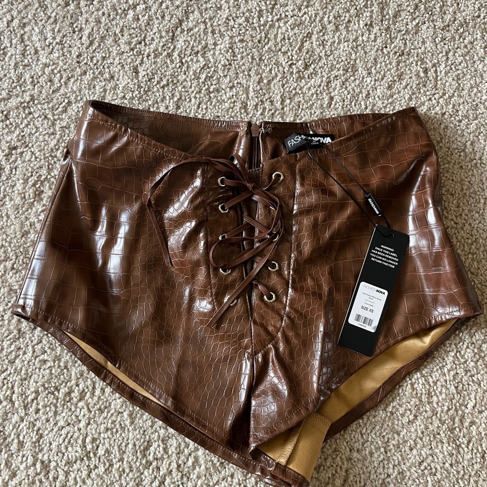 Fashion Nova Croc-Embossed Brown Lace-Up Shorts